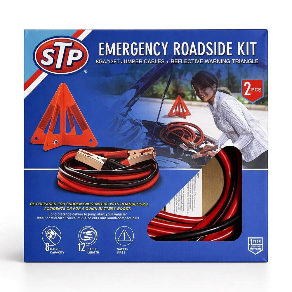 STP Emergency Roadside Kit 8GA 12FT Jumper Cables Reflective Warning Triangle